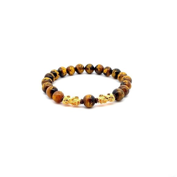18K Gold Dragon Pixiu Double Piyao Lucky Charm Bracelet Gemstones Tiger's Eye Ca - Picture 1 of 5